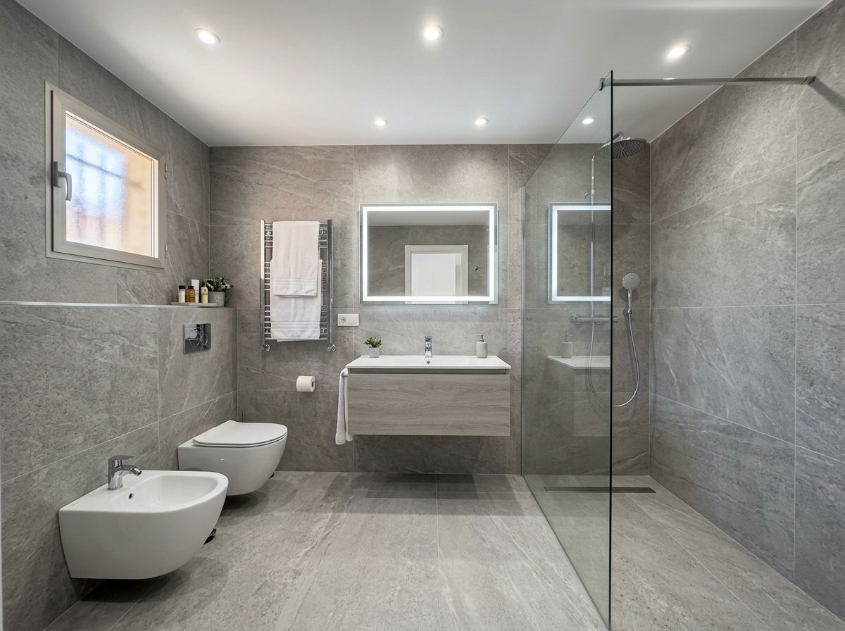 Baño completamente reformado con acabados modernos