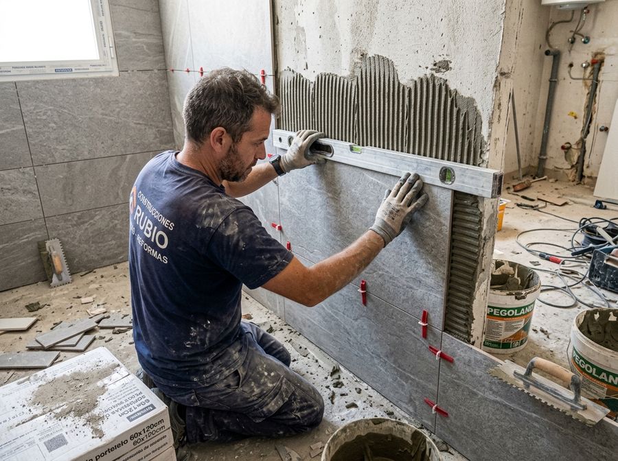 Profesional instalando azulejos con precisión en reforma de baño